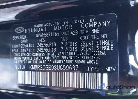 2025 Hyundai Palisade Sel из США, поврежденный, VIN KM8R2DGE9SU859637